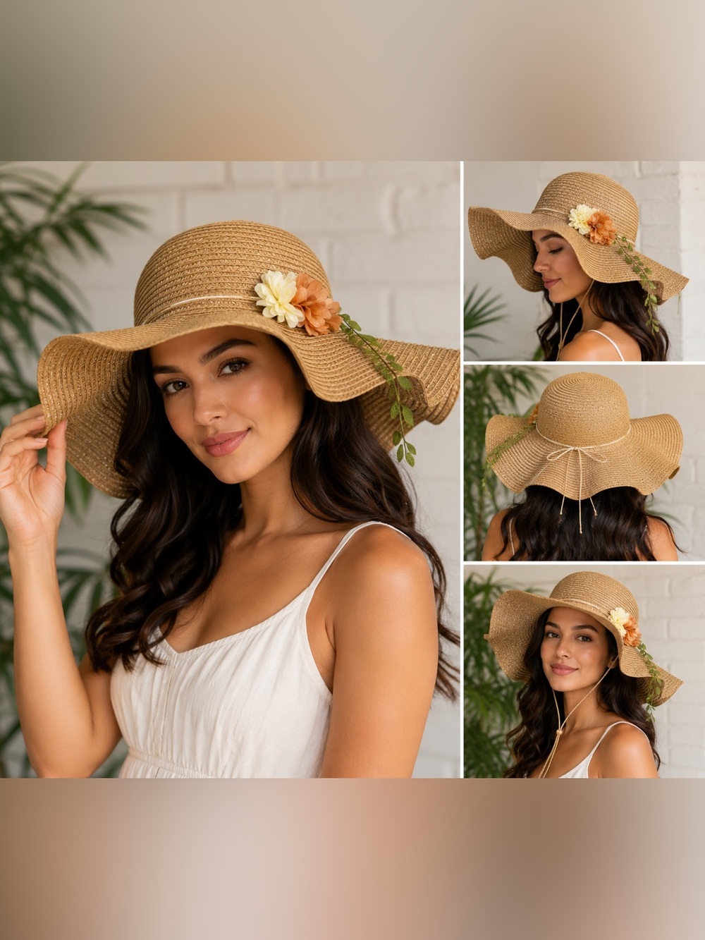 Women’s Tan Floppy Wide Brim Straw Sun Hat Floral Boho Beach 16” feminine
